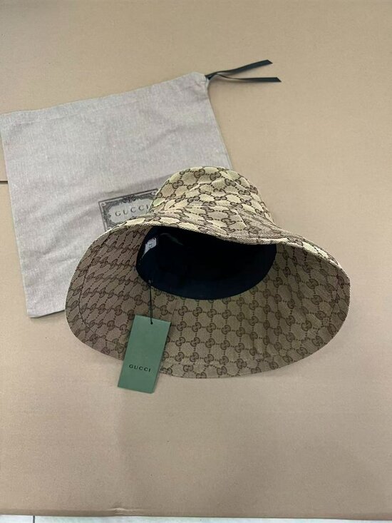 Gucci GG Monogram Bucket Hat Wide Large Brim Beige Stiff Canvas Sun Coverage